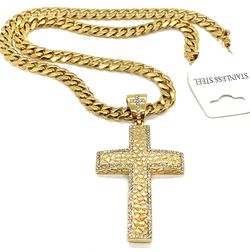 Necklace Stainless Steel 18K Gold Plated Cross With Cubic Zirconia, Width 9MM Size Length 24