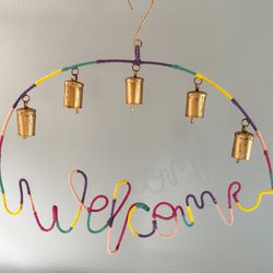 Welcome Sign Hanging Wind Chime Knitted Colorful w/ Gold Bells Home Decor