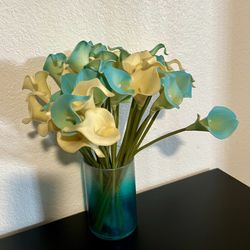Blue Glass Vase 4” x 6” with Faux Tulip Arrangement