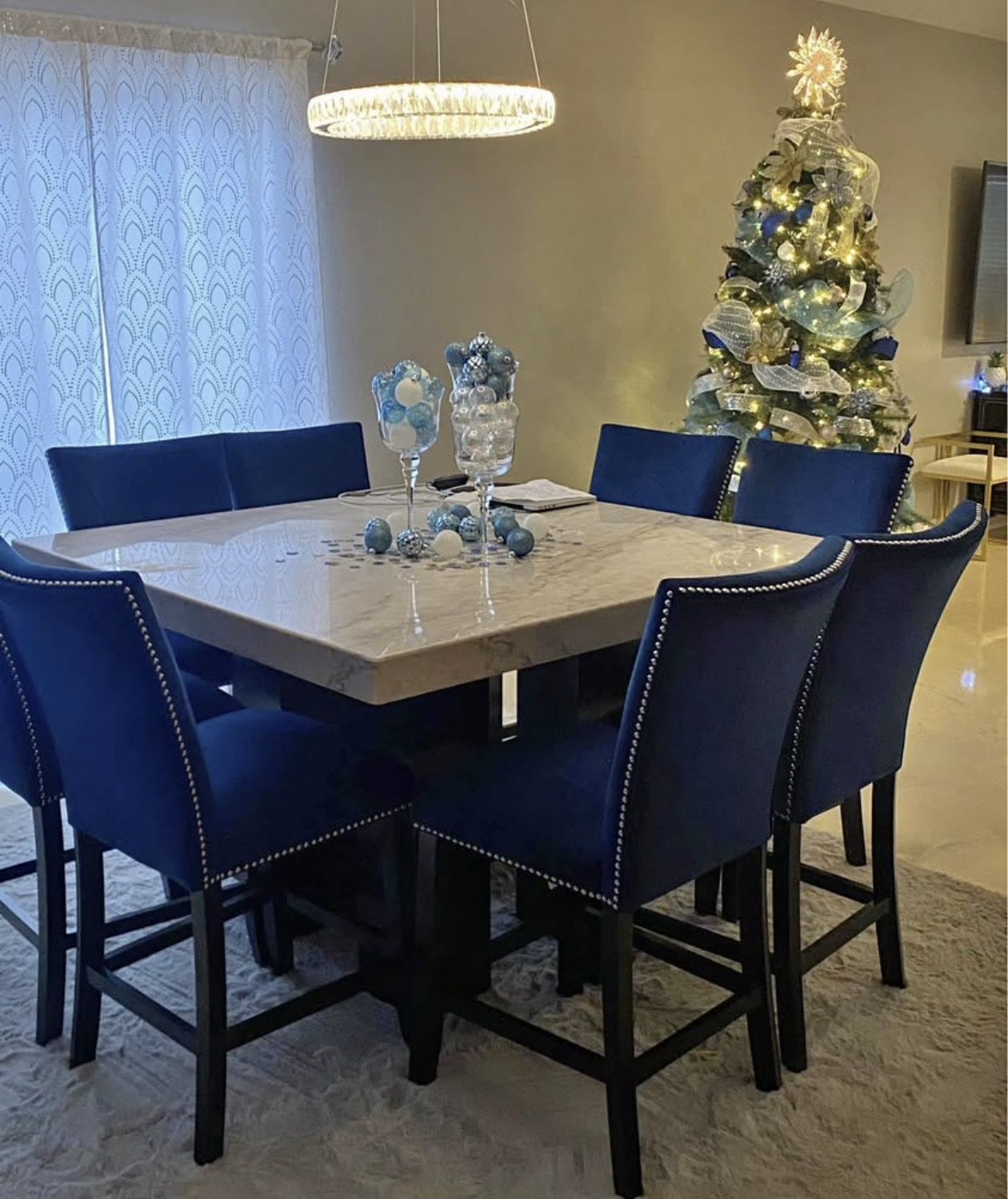 COUNTER HEIGHT dining SET w/ MARBLE design & BLUE CHAIRS 🪑