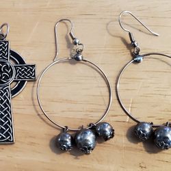 Vintage Set. Celtic Cross Pendant And Earrings With Hoop/4 Balls Hanging 