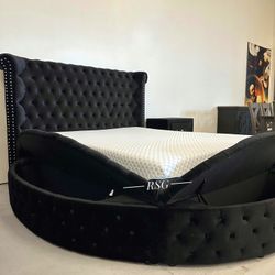 Blue, Gray, Black Velvet Tufted Design Queen Size Bed Frame/King Size Bed Frame Storage Round Bed