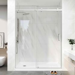 Frameless Shower Door 43-48"W x 76"H Sliding Glass Door 1/4" (6mm) Thick Tempered Clear Glass