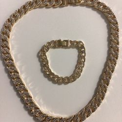 CHAIN AND BRACELET SET WITH DIAMOND 14 K GOLD PLATED 