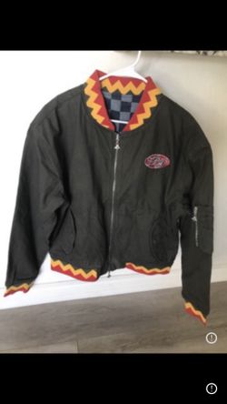 LRG Olive Bomber Jacket with Red and Yellow Zigzag Trim (L) For Men New