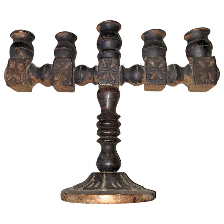 Vintage Wooden Hand Carved 5 Arm Altar Rustic Mexican Candelabra