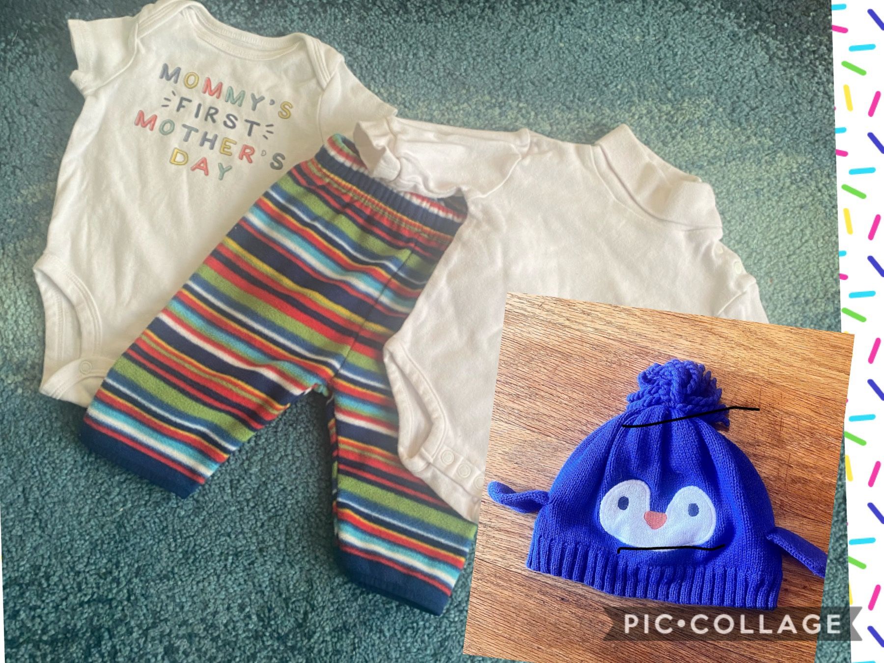 0-3, 3M Baby Boy Girl Unisex Gymboree, koala baby, gap, Carter’4 Pieces: 2 Onesies, Velour Striped Pants, Gymboree Knit, Penguin Hat Velour Lining