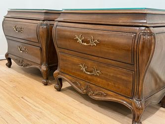 Pair Vintage Bombay Bombe Nightstands W Carved Wood by White Fine Furniture