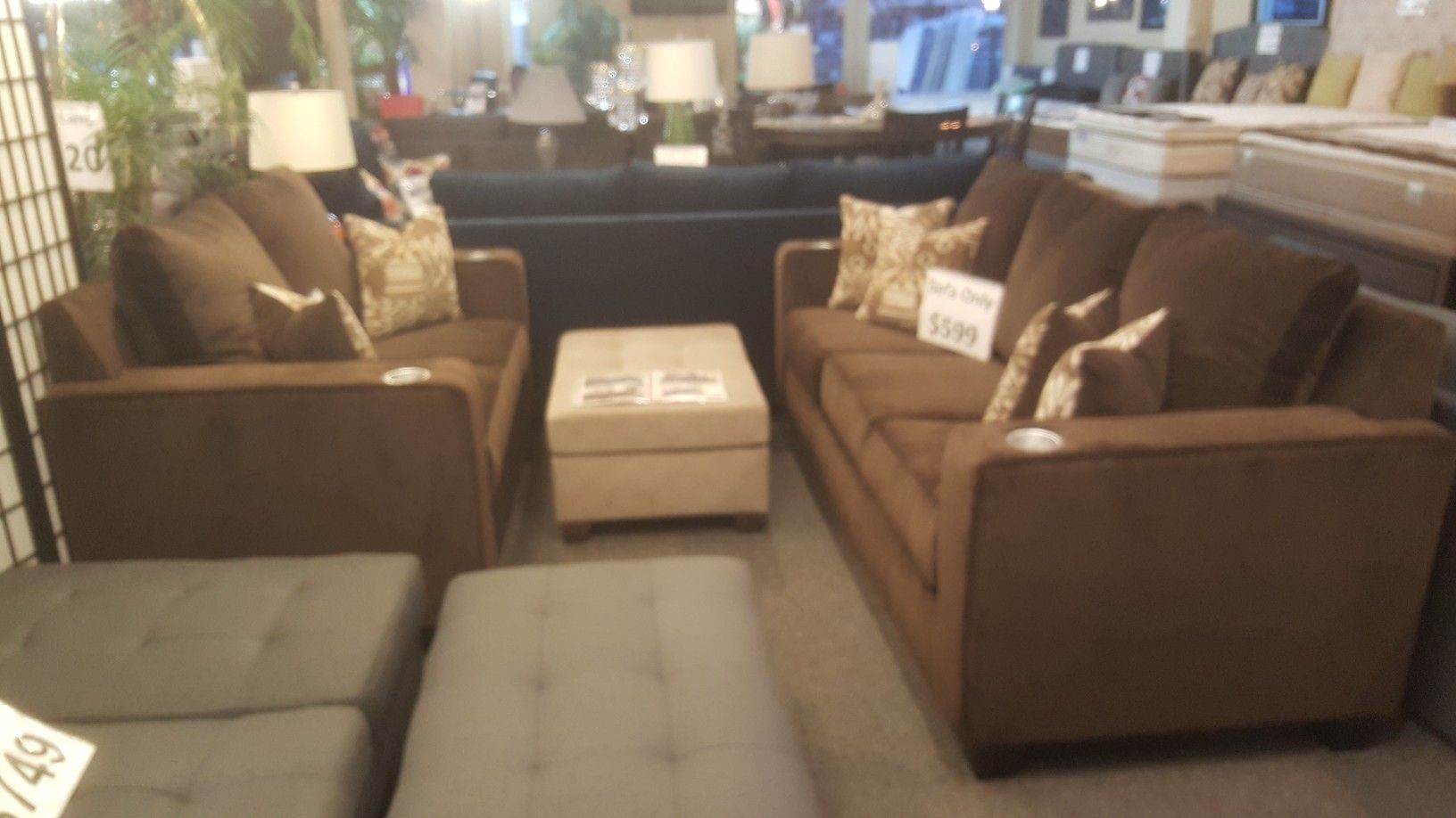 Brand new brown fabric sofa + loveseat with cup holders