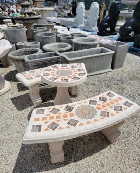 Concrete Mosaic Cocktail Table with 2 Benches/ Outdoor Patio Furniture