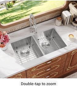Rhbamoa RV Double Sink,27" Undermount Double Kitchen Sink 50/50 Stainless Steel Kitchen Sinks for RV,Outdoor Sinks with Brushed Finish (27'' X 16'' X
