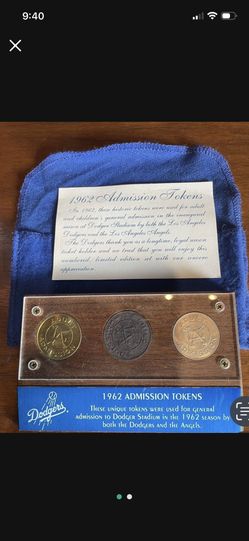 1962 LA Dodgers Angels Admission Tokens (3) in Display with cover This is a highly collectible set very rare all pieces shown included cash carry by a