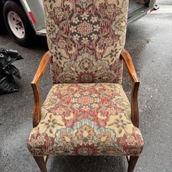 Wooden armchair with tapestry upholstery in floral pattern