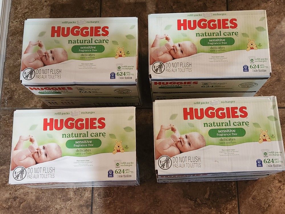 Brand New Boxes Of Huggies Natural Care Sensitive And Fragrance Free Baby Wipes 624 Count