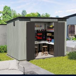 6x9FT Outdoor Resin Storage Shed with Transparent Windows & Louvered Vents, Plastic Tool Shed with Double Lockable Doors & Sloping Roof, Outside Garde