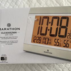 Marathon CL030052 Digital Wall Clock - Atomic Auto-Night Light - Temp & Humidity