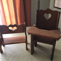 Handmade wooden high chair and bench