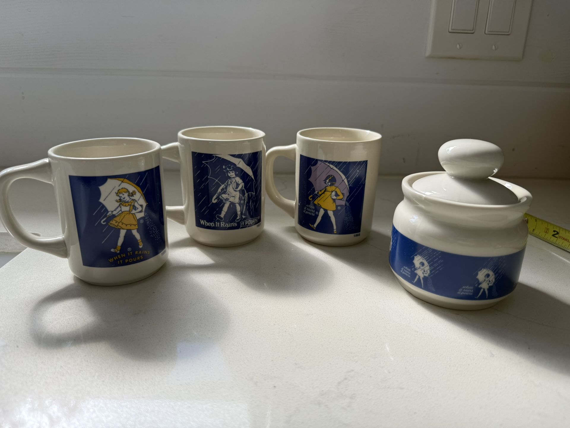 Vintage Morton Salt Mugs And Sugar Holder