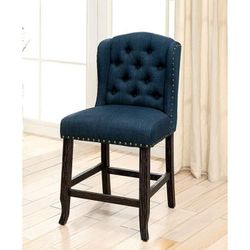 RUSTIC STYLE BLUE LINEN LIKE ANTIQUE BLACK FINISH SET OF 2 COUNTER HEIGHT WINGBACK CHAIRS - SILLAS ALTA