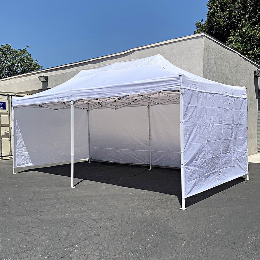 (Brand New) $240 Heavy Duty 10x20 FT Canopy (with 4 Sidewalls) Ez Pop Up Outdoor Party Tent w/ Carry Bag (White/Blue)