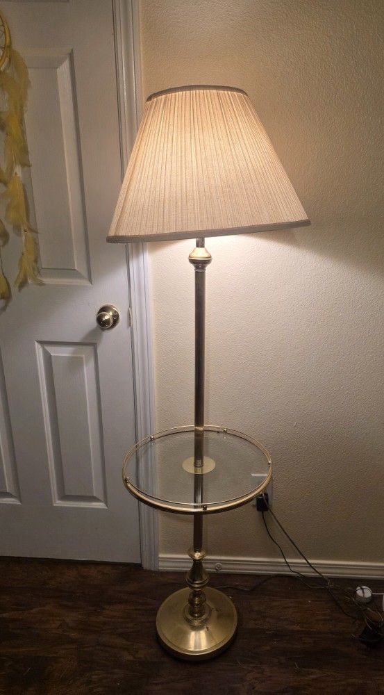 Vintage Brass Floor Lamp w/ Glass Table – Works Great