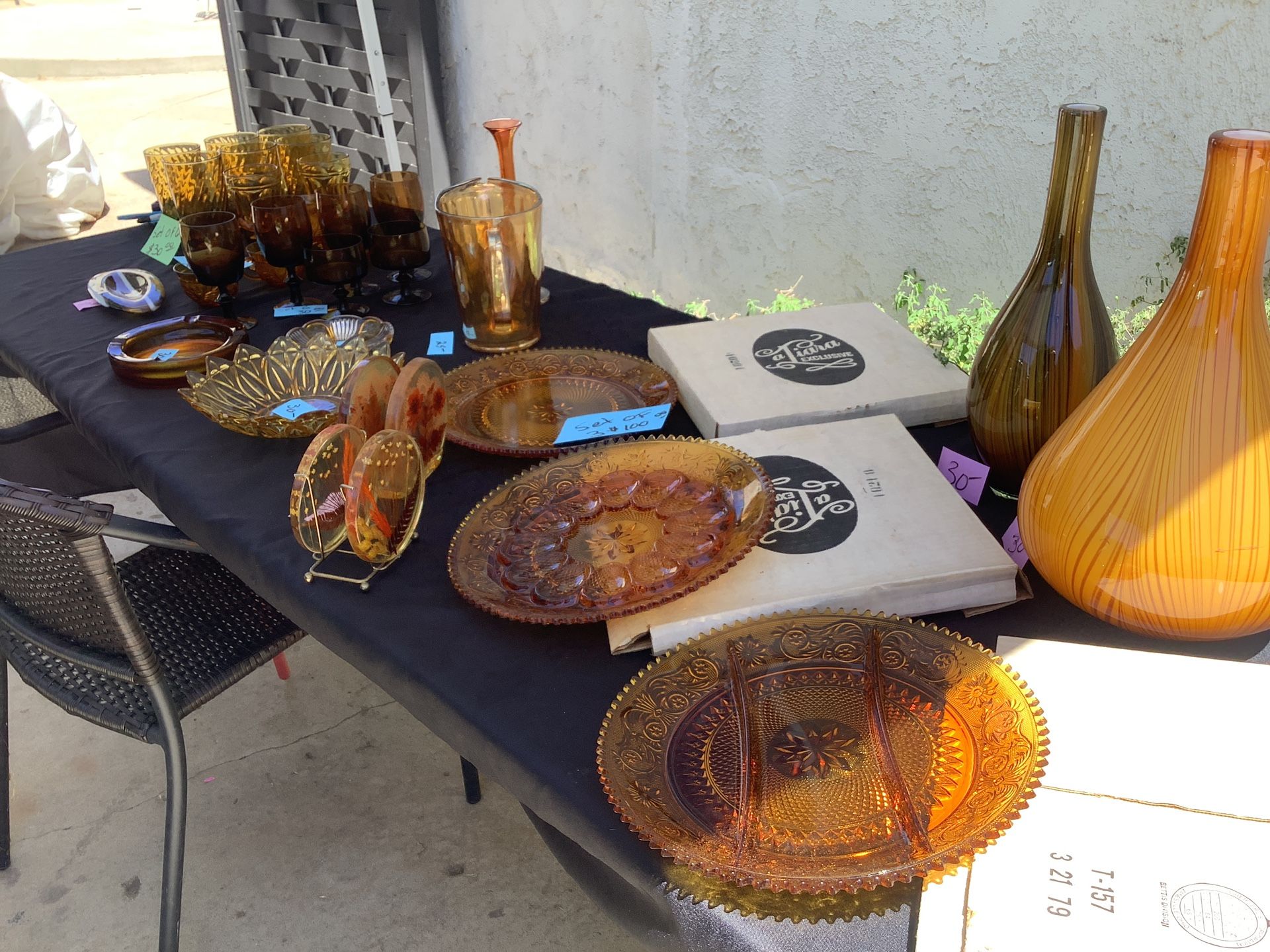 AMBER GLASS COLLECTION Everything You See For $220 We Also Sell By Set Pick Up Sylmar We Offer Shipping Offer Up( Have A Red, & Blue Collection Also)