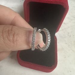 925 Sterling Silver Cz Hinged Hoop Earrings , About The Size Of A Nickel, Marked 925 