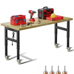 60" Adjustable Work Bench,Hardwood Top Garage Work Bench Table,Heavy Duty 2000 LBS Load Worktable,Rolling Mobile Workbench with Power Strip for Worksh
