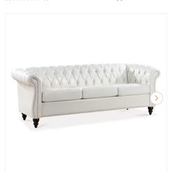 Harper & Bright Designs 84.65 in Wide Rolled Arm Faux Leather Rectangle Chesterfield Sofa in White with Nail Head Trim, Button-Tufted Backrest