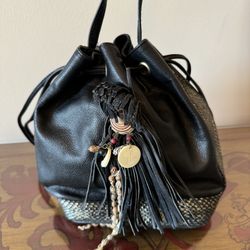 Dramatic Price Drop For Vintage Top Quality Leather/Leather-lined Adjustable-strap Bucket Bag With Painted Gold Snake Perimeter