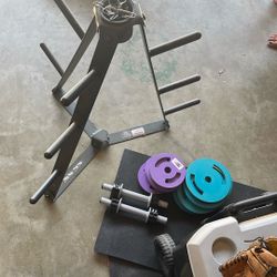 Weight Plate Rack W/ Plates, Dumbbell Handles