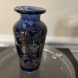 Laugharne Sterling Silver Overlay Cobalt Blue Art Glass Vase 3.5”