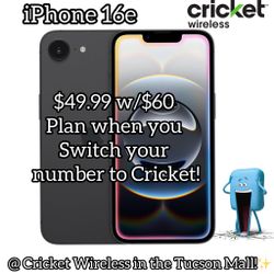 iPhone 16e for $49.99 w/$60 plan when you Switch your number to Cricket!