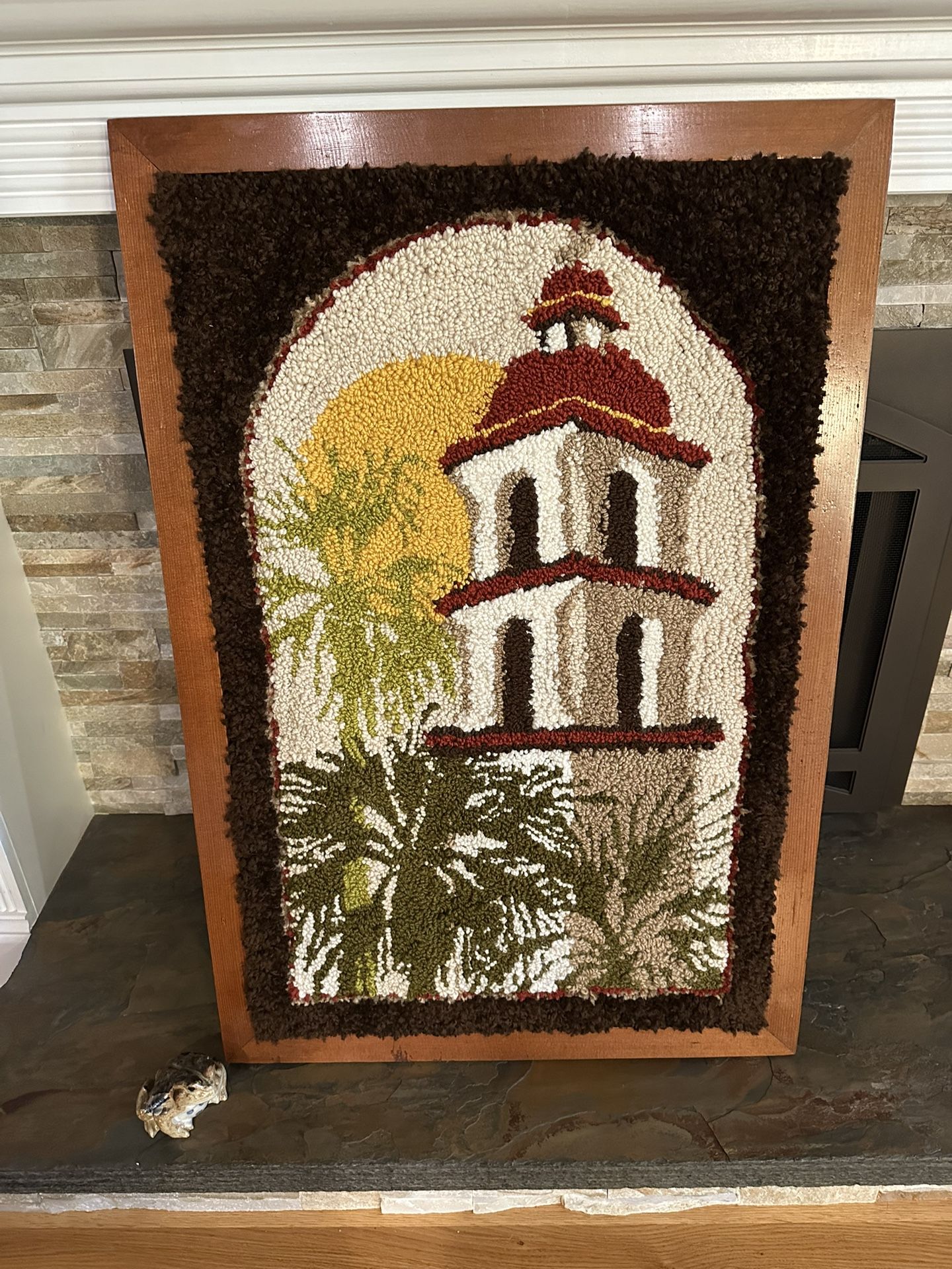 VTG California Mission | Handmade Rug Hooking Wall Hanging Framed 25” x 37” Beautiful boho bohemian