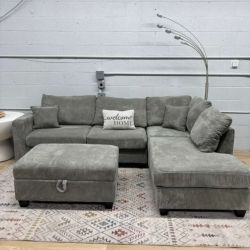 New Gray Corduroy Chaise Sectional Sofa w/ Storage Ottoman & USB Ports (Delivery Available)