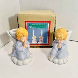 Praying Angel Taper Candle Holders Ceramic Christmas Around The World W/Box