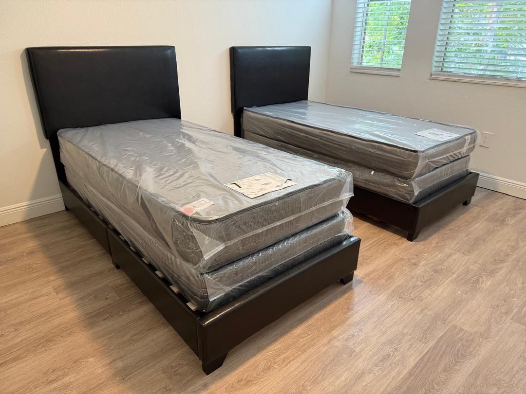 TWO NEW BED FRAME WITH MATTRESS AND BOX SPRING