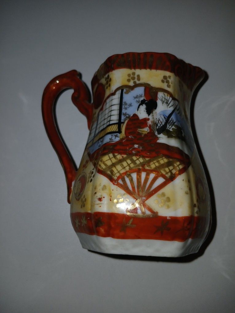 Antique Japanese Creamer Jug Fan Design Red Yellow Blue Hand Painted 