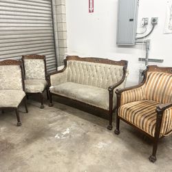 Antique Victorian Couch/Chairs Carved Lion Head Arms w/ Claw Feet Set Of 4.