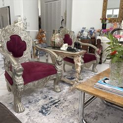 2 FABULOUS SILVER CARVED BAROQUE THRONE CHAIRS. Victorian Lion Or Panther Heads On Arms. Plum Fabric. No Pets, Smoking Or Children.  PAIR $1,000.