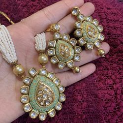 Gold Plated Pachi Kundan Jewelry Set Necklace Earrings Mala  Jhumki Women’s Jewellery Pakistani Indian Bollywood 