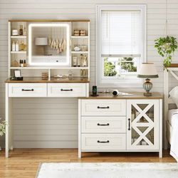 Farmhouse Vanity Desk with Glass Top & Charging Station, Touch Mirror, 5 Drawers
