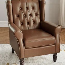 Modern Brown PU Leather Upholstered Button High Back Accent Arm Chair With Wood Legs(Set of 1)