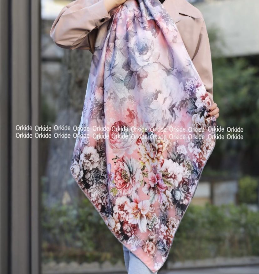 Women luxury chic floral flower blue scarf hijab shawl bandana wrap floral flower Material؛ silk thread There is a small difference in the color. 