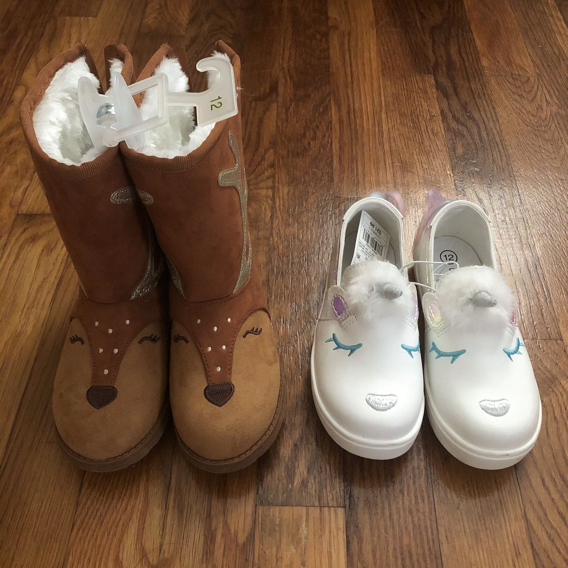 Lot of size 12 girls fur lined boots and unicorn sneakers, new
