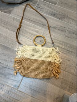 Boho Straw Crossbody Bag with Bamboo Handle Fringe Tote Beach Purse Neutral Tan Cream