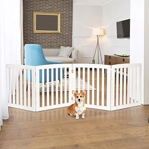 Freestanding Pet Gate for Dogs - 4 Panels Indoor Foldable Dog Fence for Stairs, Hallways, or Doorways - 82x24-Inch Freestanding Dog Gates