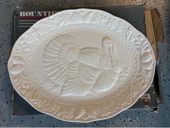 Large Vintage White Embossed Turkey Platter