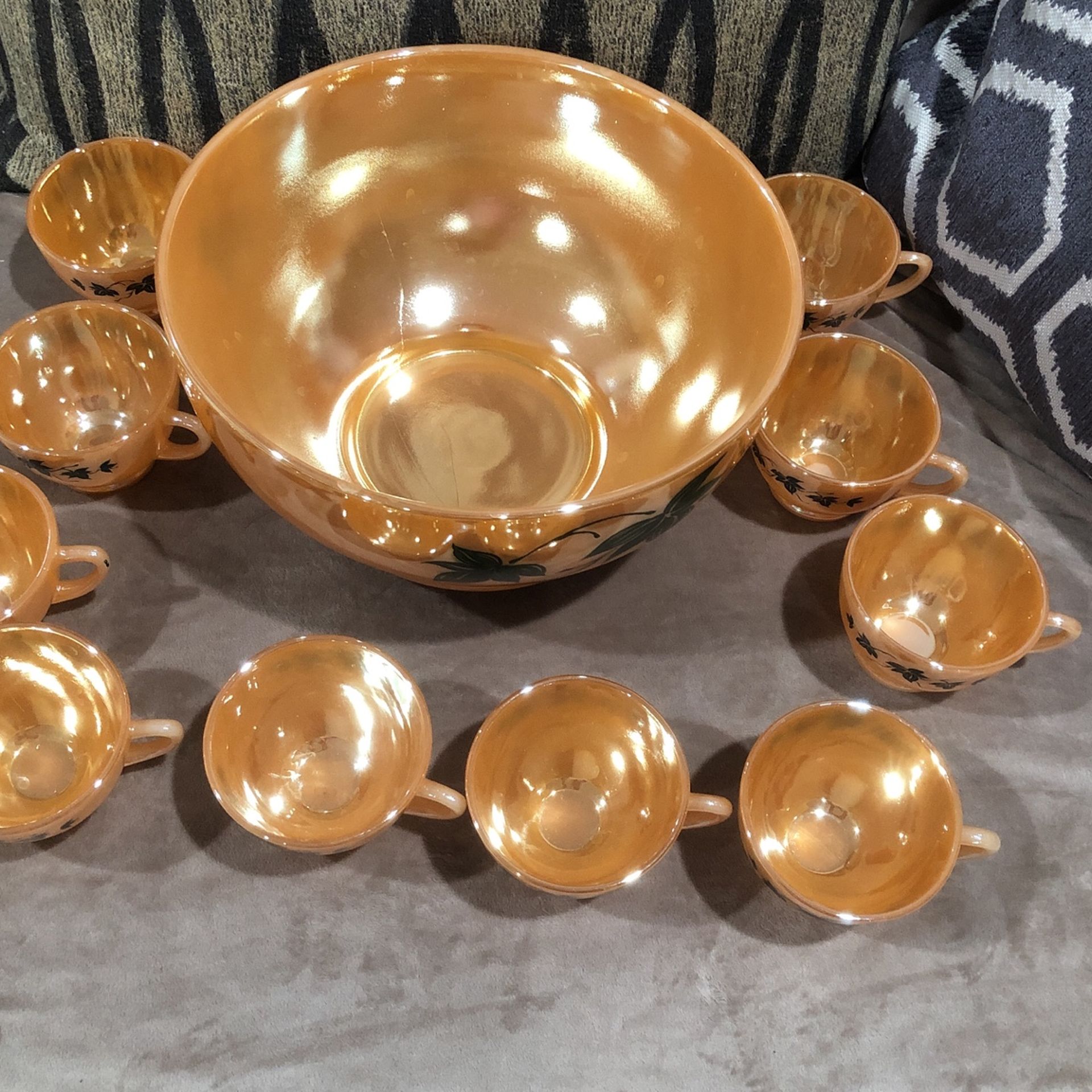 Vintage Peach Luster, Punch Bowl Set Of 12 PCs