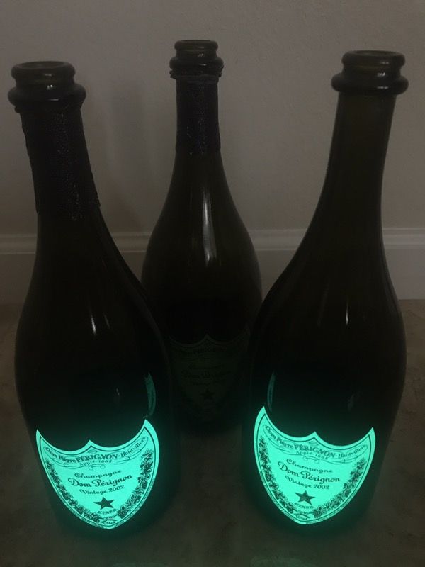 Lot of EMPTY High end champagne bottles. Dom Perignon Luminous, Cristal